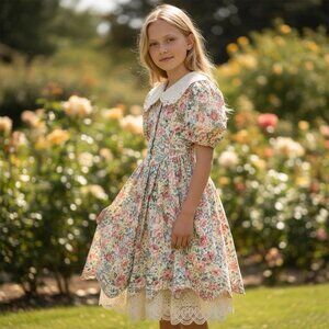 Vintage 80s Victorian Bonnie Jean Floral Lace Collar Party Dress Sz 12 Wedding